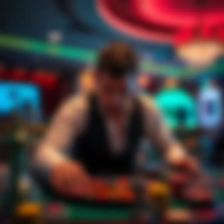 A man at a roulette table looking disappointed after losing money.