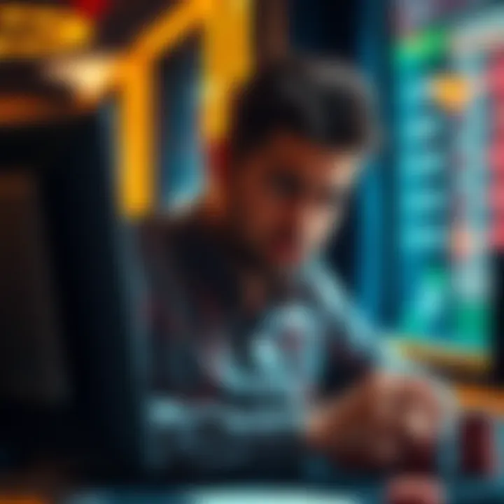 A worried player looking for advice on baccarat and roulette at a computer, showing a sense of urgency to save their business.