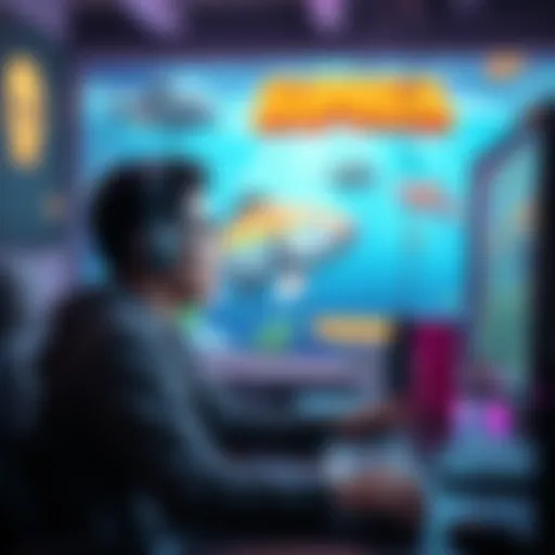 A gamer looks shocked at their computer screen during an online fish game.