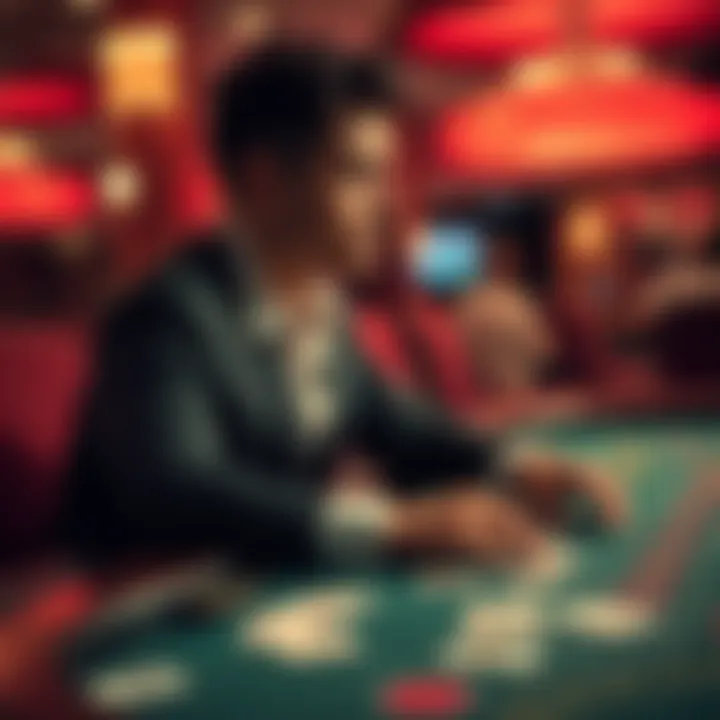 Player taking a break from baccarat A person sitting at a gaming table with baccarat cards, looking thoughtfully away, symbolizing a pause in gaming.