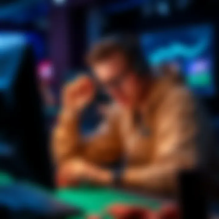 A frustrated poker player sitting at a computer, trying to connect to WPT Global while looking at a VPN error message.