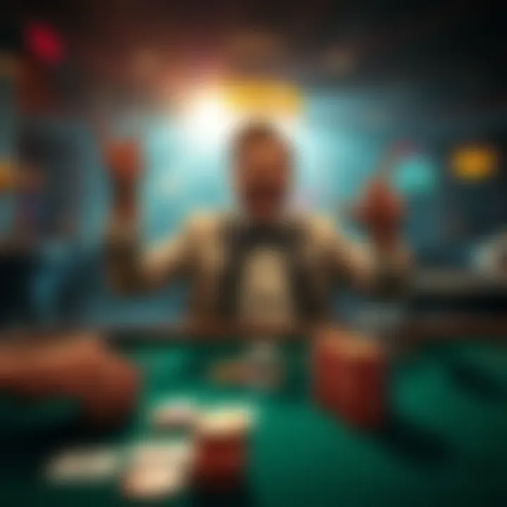 A person celebrating a win while playing blackjack at a casino table with cards and chips