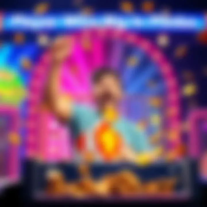 A joyful player celebrating a big win in a colorful Plinko game, surrounded by coins and lights