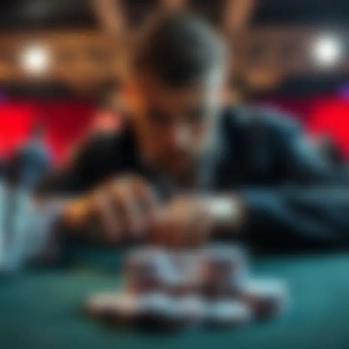 A poker player looking intense as he pushes all his chips into the middle of the table during a crucial hand in a tournament.