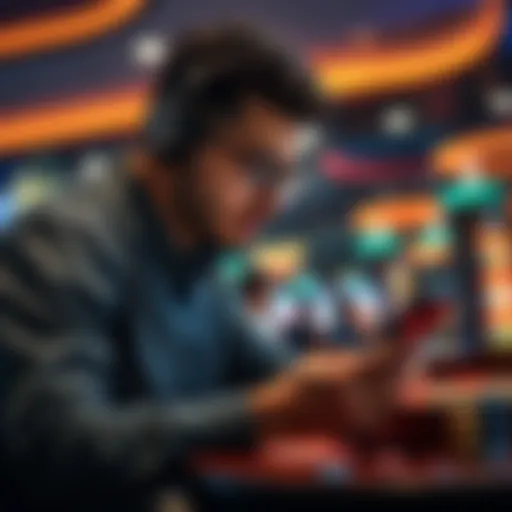 A focused player studies game statistics on a mobile app, aiming to improve betting strategies in a casino environment.