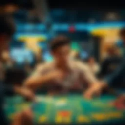 A newcomer sits nervously at a blackjack table in a casino, surrounded by other players who are focused on their cards and chips.