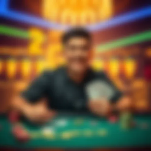 A man with excitement at a casino table, celebrating a win, surrounded by chips and cards. He's back after a long break, showing joy and determination.