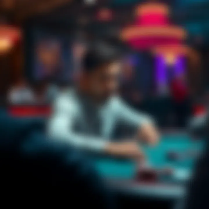A focused player sitting at a microstakes poker table, contemplating their next move with a worried expression.