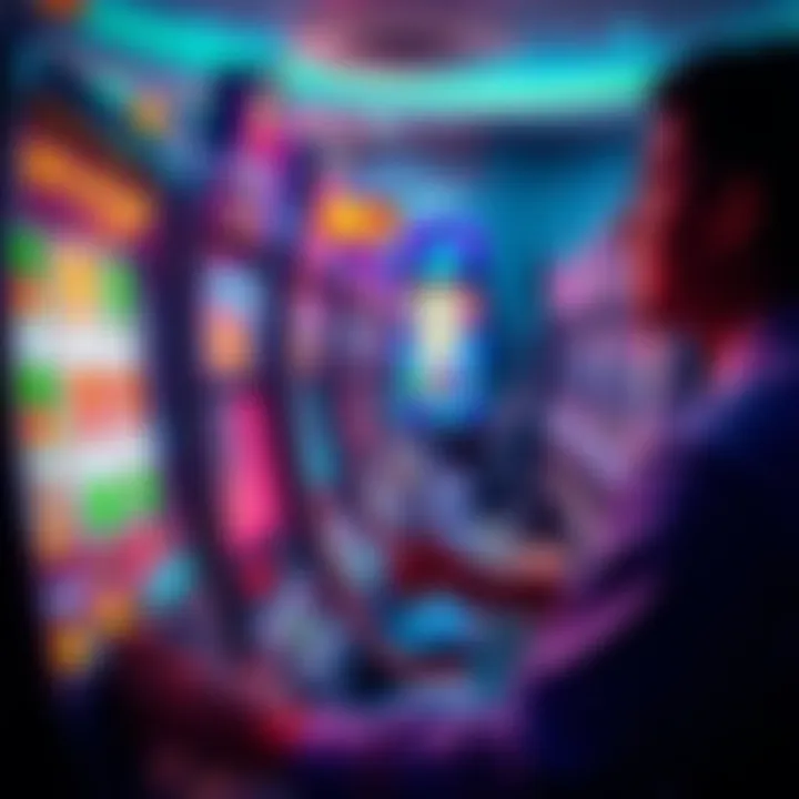 A person playing a slot machine with a focused expression, colorful symbols on the screen, and the lever ready to be pulled.