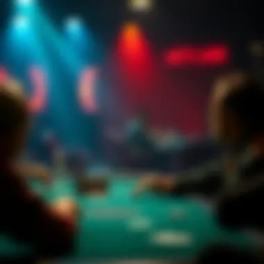 A player sitting at a card table looks thoughtful, weighing the decision to leave for a bathroom break during a live game with eight others.