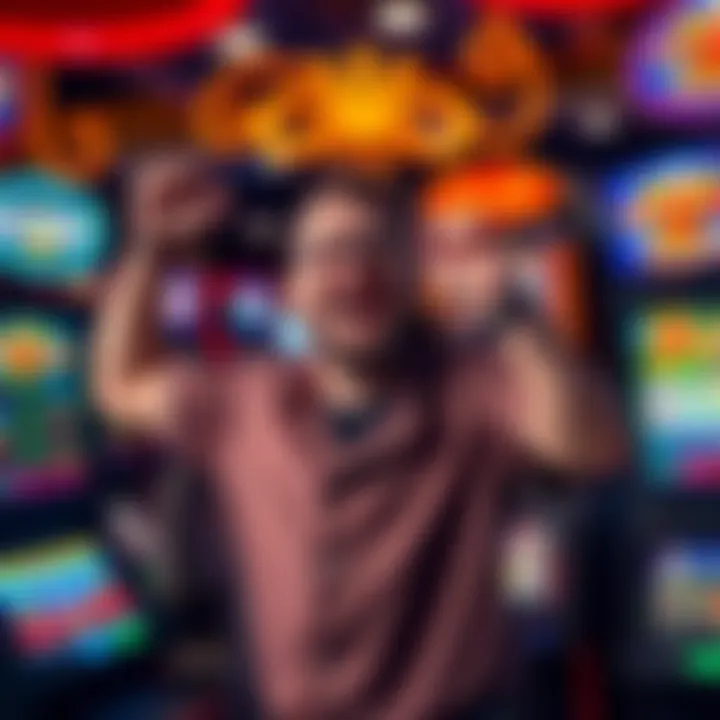 A joyful player celebrating after winning a 1,000x multiplier in a gambling game with a background of spinning slot machines.