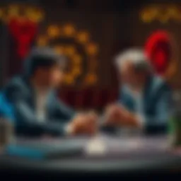 A person at a card table, appearing confident while bluffing, facing another player who looks puzzled, holding cards in hand.