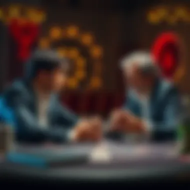 A person at a card table, appearing confident while bluffing, facing another player who looks puzzled, holding cards in hand.