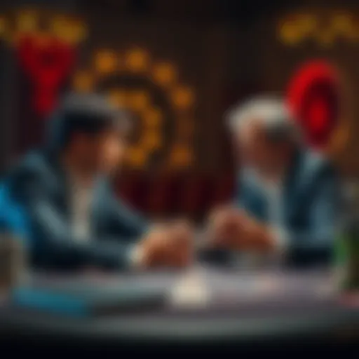 A person at a card table, appearing confident while bluffing, facing another player who looks puzzled, holding cards in hand.