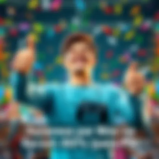 A happy player celebrating their bonus achievement with a big smile, holding a game controller in one hand and giving a thumbs up with the other, surrounded by colorful confetti