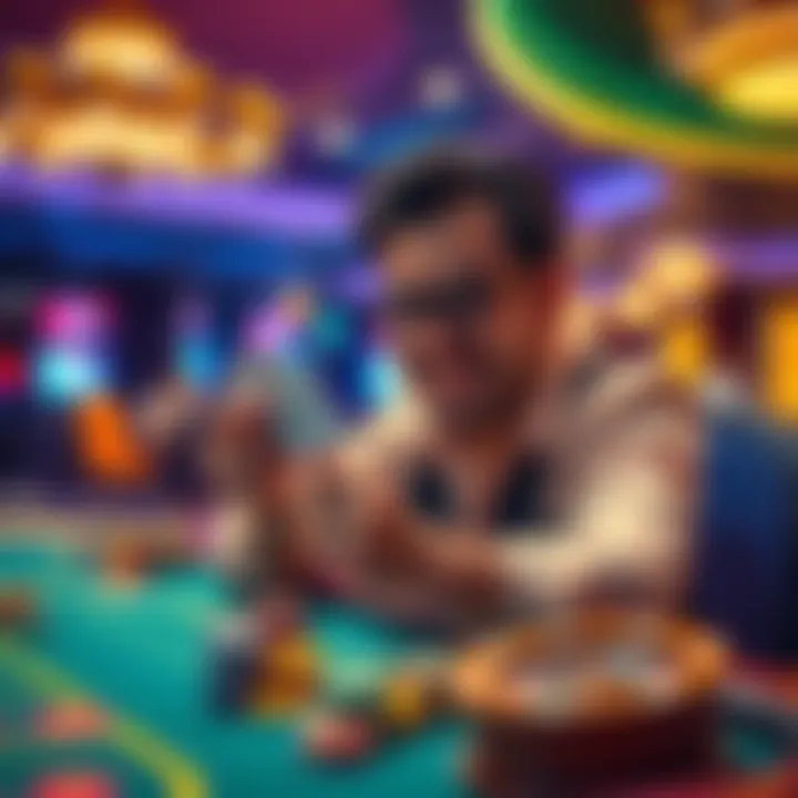 A player at a casino table smiling while holding cards, surrounded by gaming chips and bright lights.