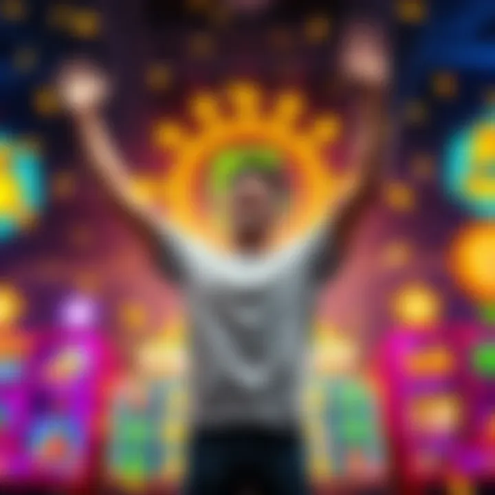A happy gamer raises their arms in victory after achieving 5 scatters in a slot game, surrounded by colorful game graphics.