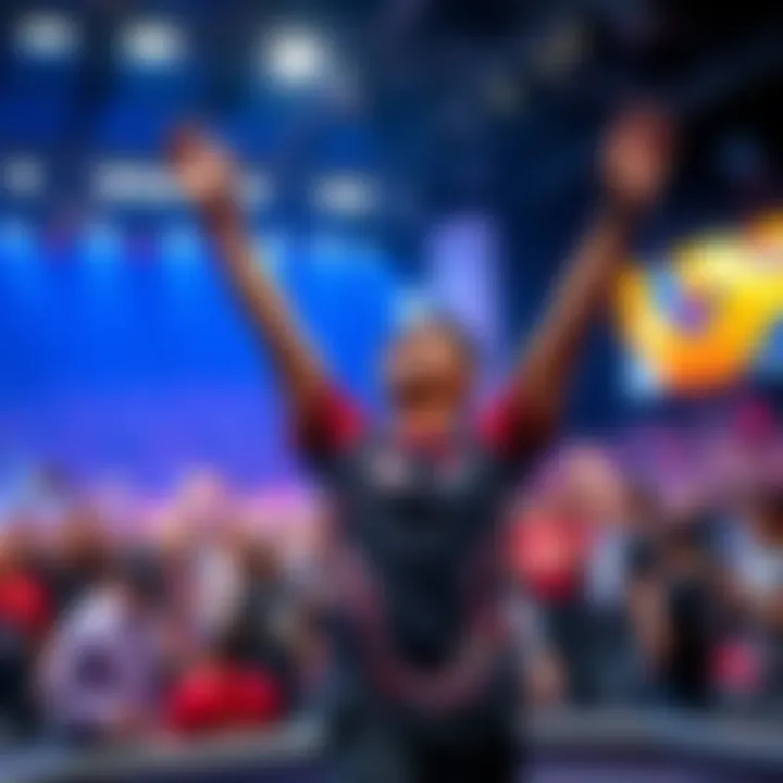 A player joyfully raising their arms in celebration after winning a large cash prize at a tournament with a crowd cheering in the background
