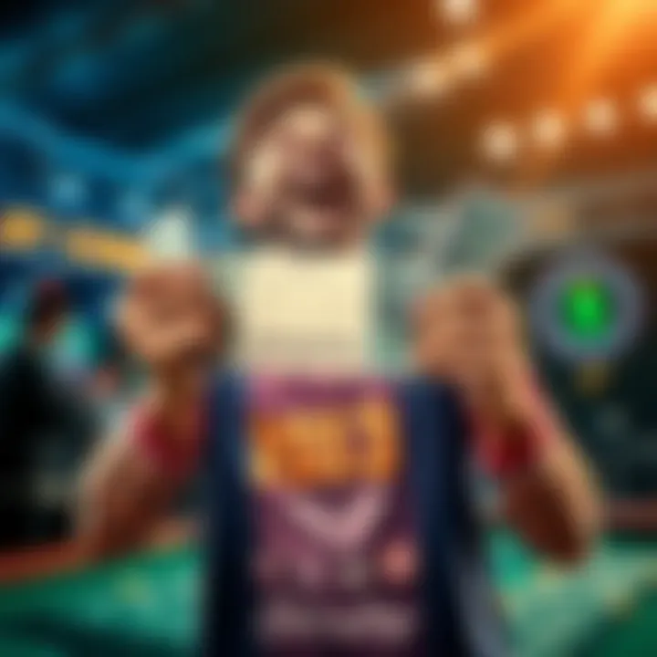 A joyful gambler holding cash and a betting slip after winning a large amount
