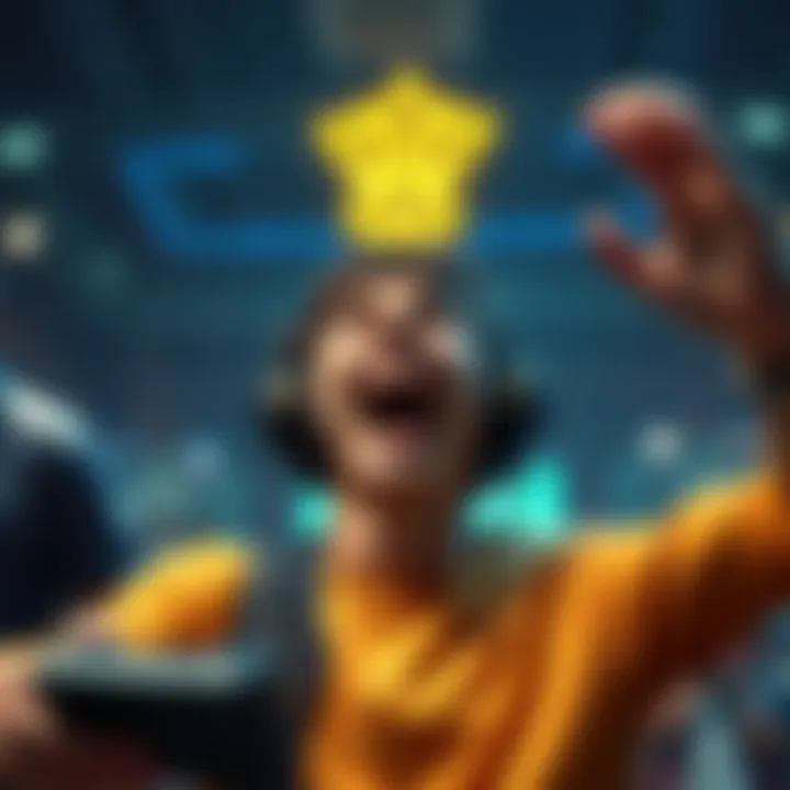 A gamer celebrating reaching the maximum level in a game of Gates, with excitement and joy visible on their face.