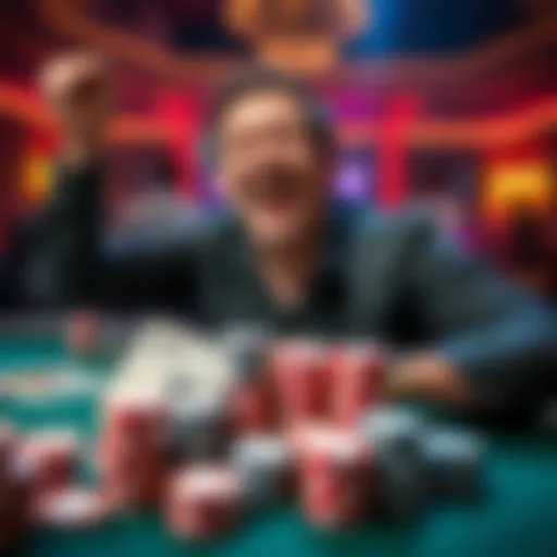 A happy poker player celebrating a win at the table, chips stacked in front of them, showing excitement after a successful session.