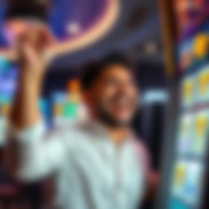 A person with a big smile celebrating a winning moment at a slot machine with $1 bets