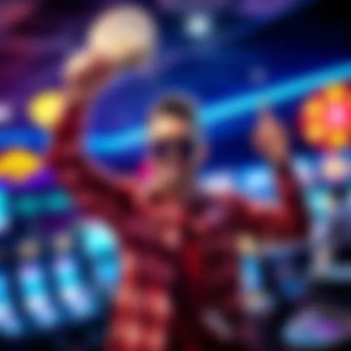 A happy player holding up winnings after a $5 game victory, showing excitement at a gaming venue.