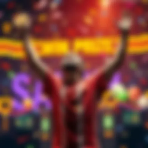 A happy player with arms raised in joy after winning a game on a gaming site, surrounded by confetti and prize symbols.