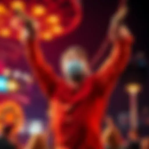 A joyful player throwing their hands in the air after winning with two revolvers showing on the screen.