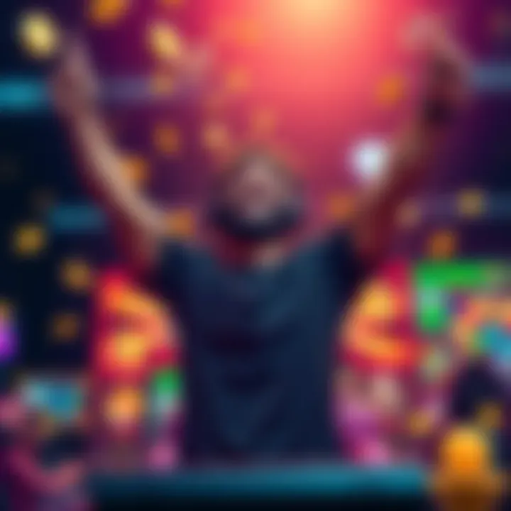 Player celebrating a win A happy player with arms raised, celebrating a gaming win, surrounded by colorful game graphics and symbols.