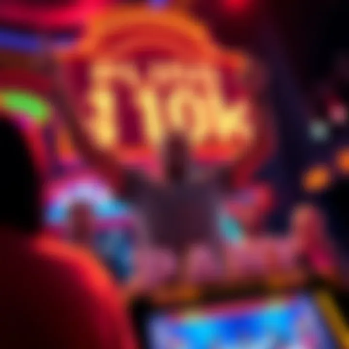 A player excitedly celebrates after winning a big prize in a Plinko game, surrounded by friends and colorful game lights.