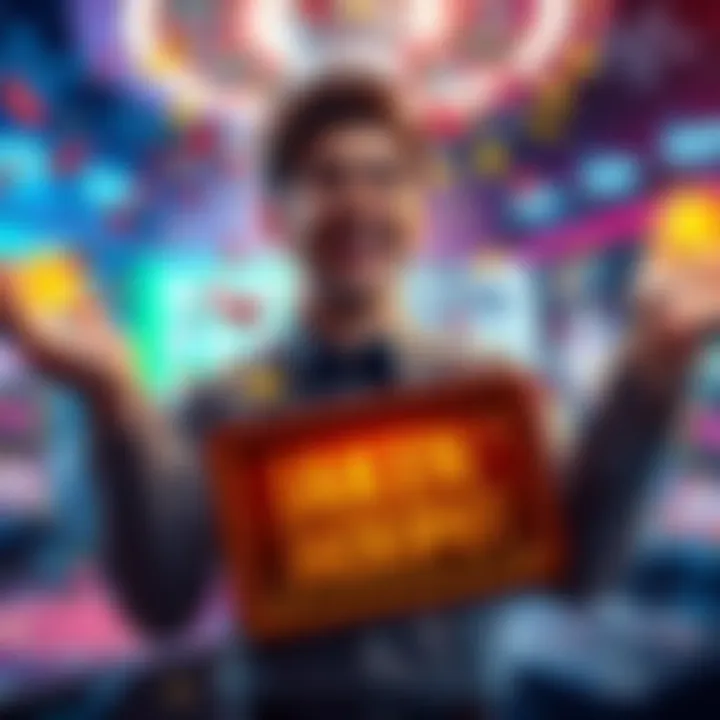 A happy player holding a jackpot sign with confetti falling around them in a gaming setting