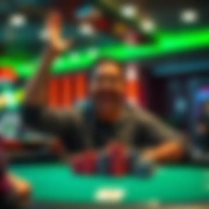A player smiling and celebrating a big win at the poker table with chips stacked high