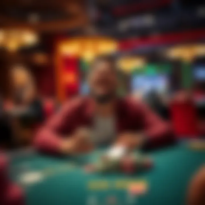 Player celebrating a gaming win A joyful player sitting at a gaming table with chips and cards, celebrating a win after a successful session.
