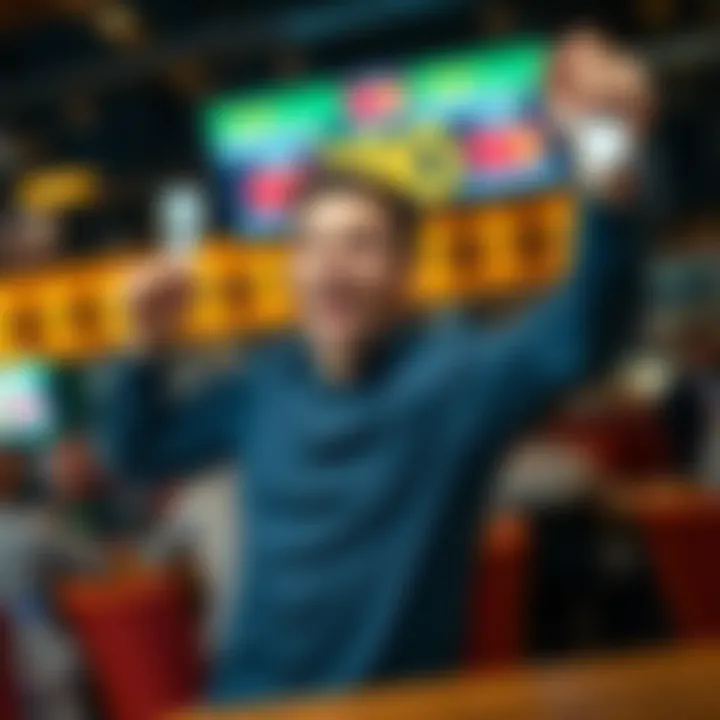 A happy player celebrating a betting win with a big smile, holding a betting slip in one hand and raising the other hand in excitement, in a sports bar setting.