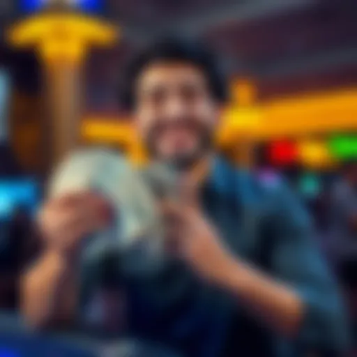 A happy player holding cash with a joyful expression, representing a win in betting with a dollar stake.