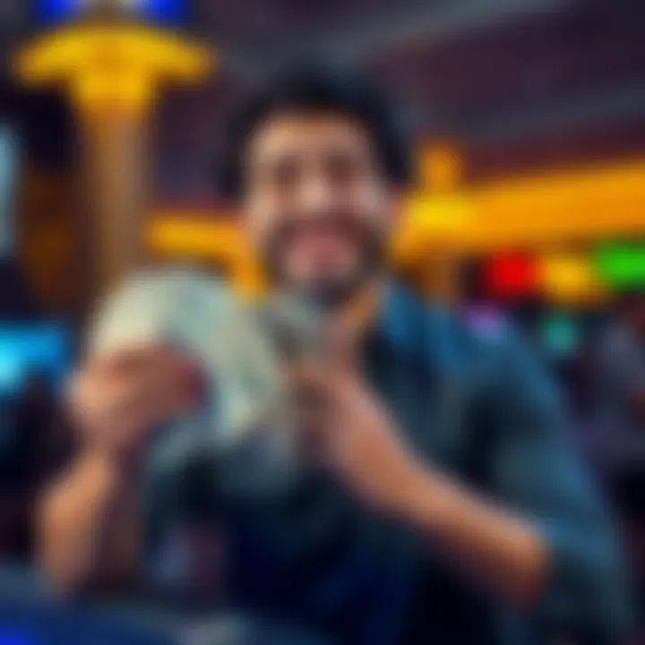 A happy player holding cash with a joyful expression, representing a win in betting with a dollar stake.