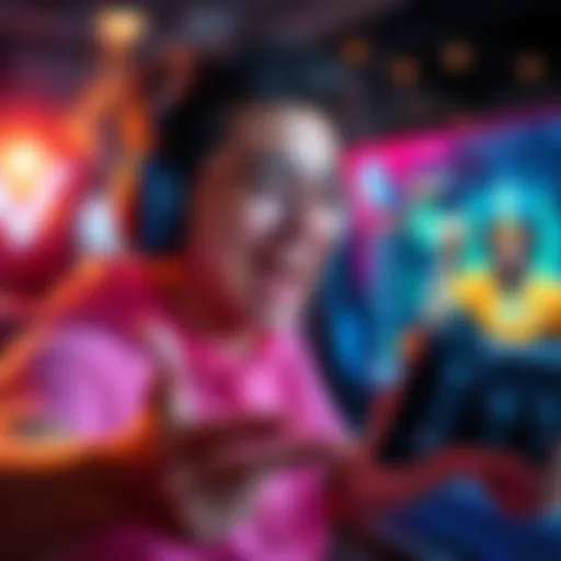 An excited player shares gaming victories with a bright smile, showcasing their recent achievements on a screen.