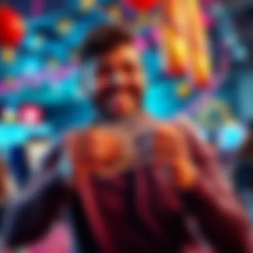 A player smiles while holding a cash payout of three dollars, with a festive background for a 30th birthday celebration