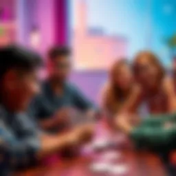 A group of friends playing a card game together, one player looks confident and sincere while holding their hand of cards