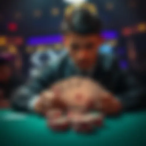 A poker player looks thoughtfully at their cards while a six is displayed on the table, analyzing their choice to call the bet.