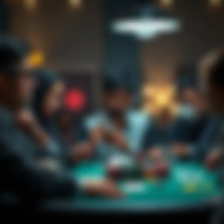 A player at a poker table analyzing their cards with a thoughtful expression during a game with seven others.