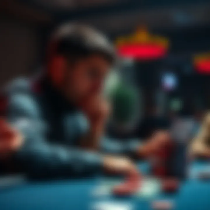 Player Contemplating Club Change A poker player thinking at a table, looking at chips and cards, considering whether to stay or switch clubs for tougher competition.