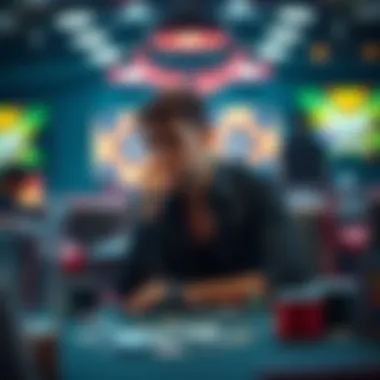 A player sitting at a gaming table, looking thoughtful after a tough gaming session, surrounded by cards and gaming equipment.