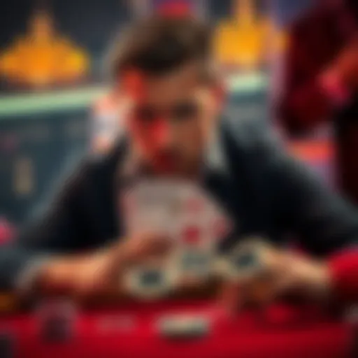A poker player looks concerned while analyzing a challenging hand with KQ against a mysterious opponent.