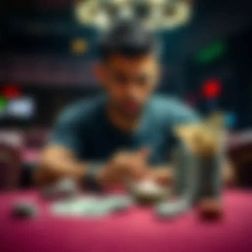 A person sitting at a table, counting cash winnings from gambling, looking concerned about taxes.
