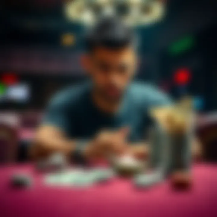 A person sitting at a table, counting cash winnings from gambling, looking concerned about taxes.