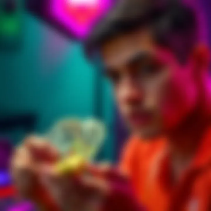 A person examines a small pile of cash while looking surprised, representing a win of 87 reais from their gaming experience.