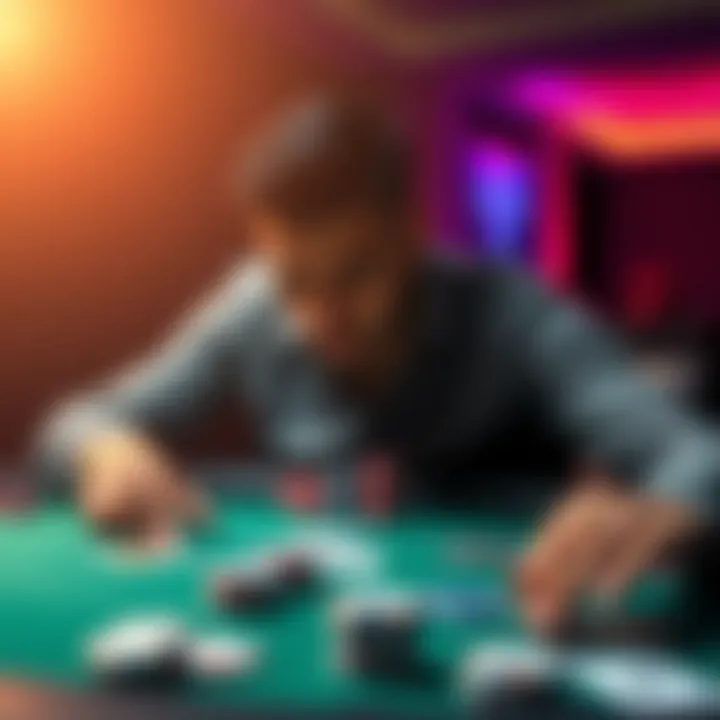 A focused player contemplating their next move at a gaming table, with chips and cards in front of them, symbolizing decision-making in gambling.