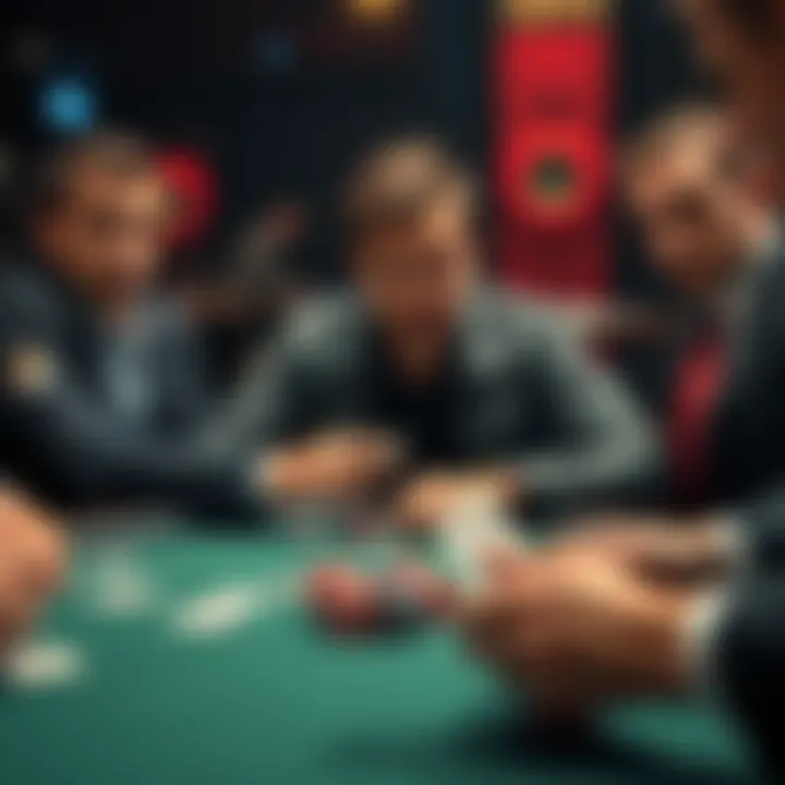 A player at a poker table folding cards with a surprised expression, while other players look confused.